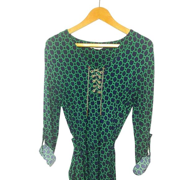 Spense Navy and Green Tie‎ Waist Gold Chain Lace Up Spandex Blend Dress Size S - Picture 3 of 15